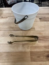 Vintage White Milk Glass Ice Bucket w Hammered Brass Handle & Tongs