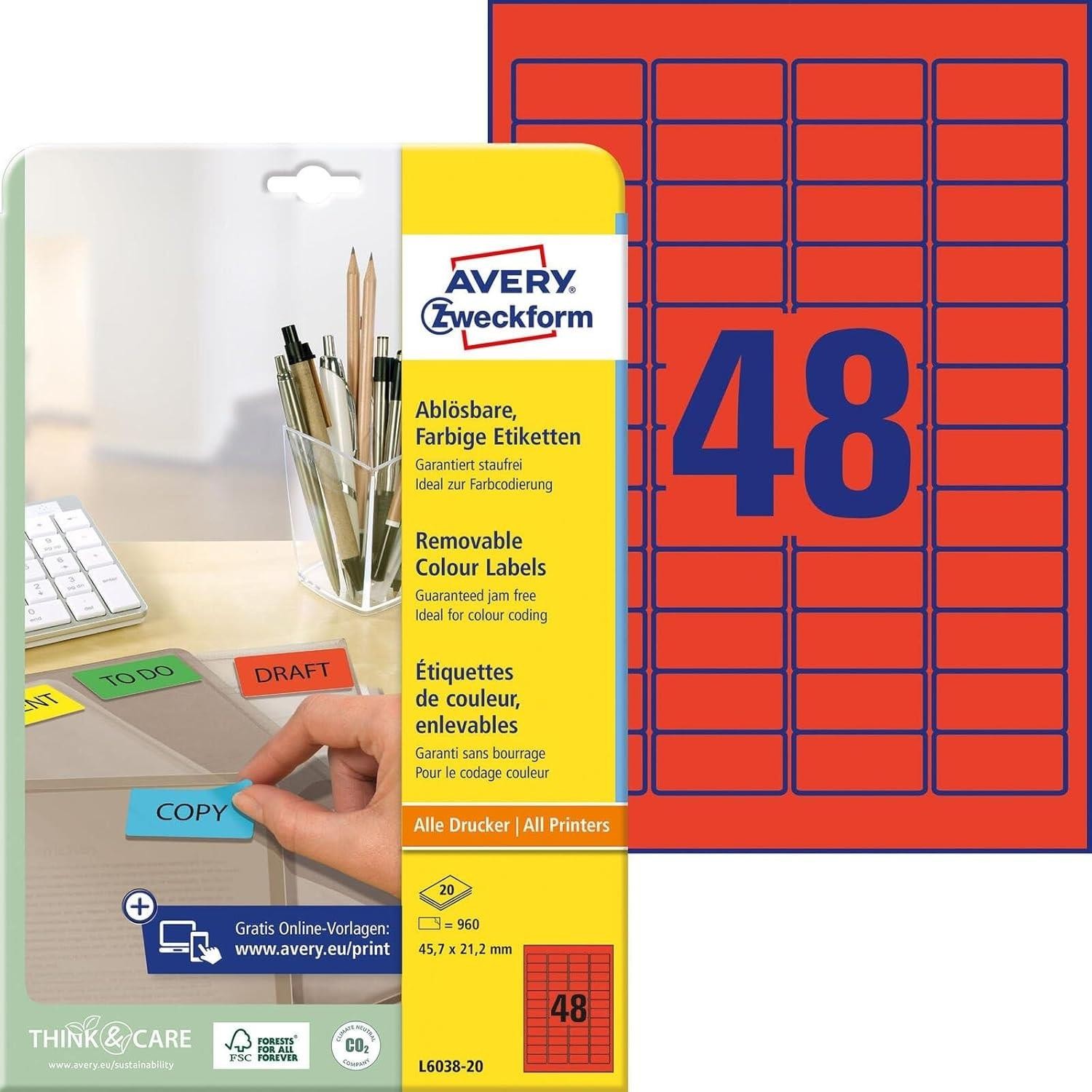 Avery L6038 étiquettes autocollantes blanches 45,7x21,2 pour impression A4