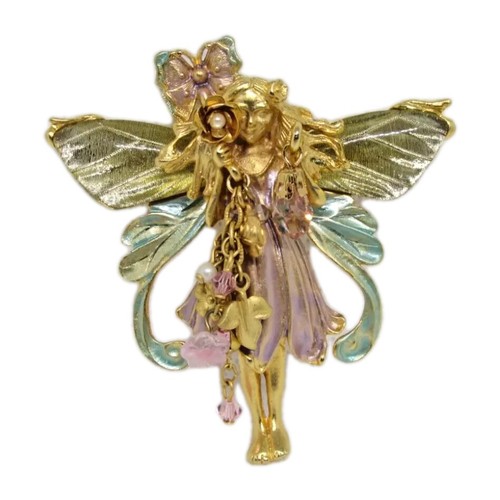 Signed Kirks Folly Goldtone Enamel Primrose Flower Fairy Brooch and Pendant - Picture 1 of 8
