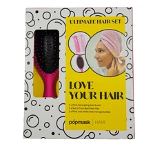 Popmask Ultimate Hair Set Detangling Brush + Spa Turban + 5 No Dent Ties Pink
