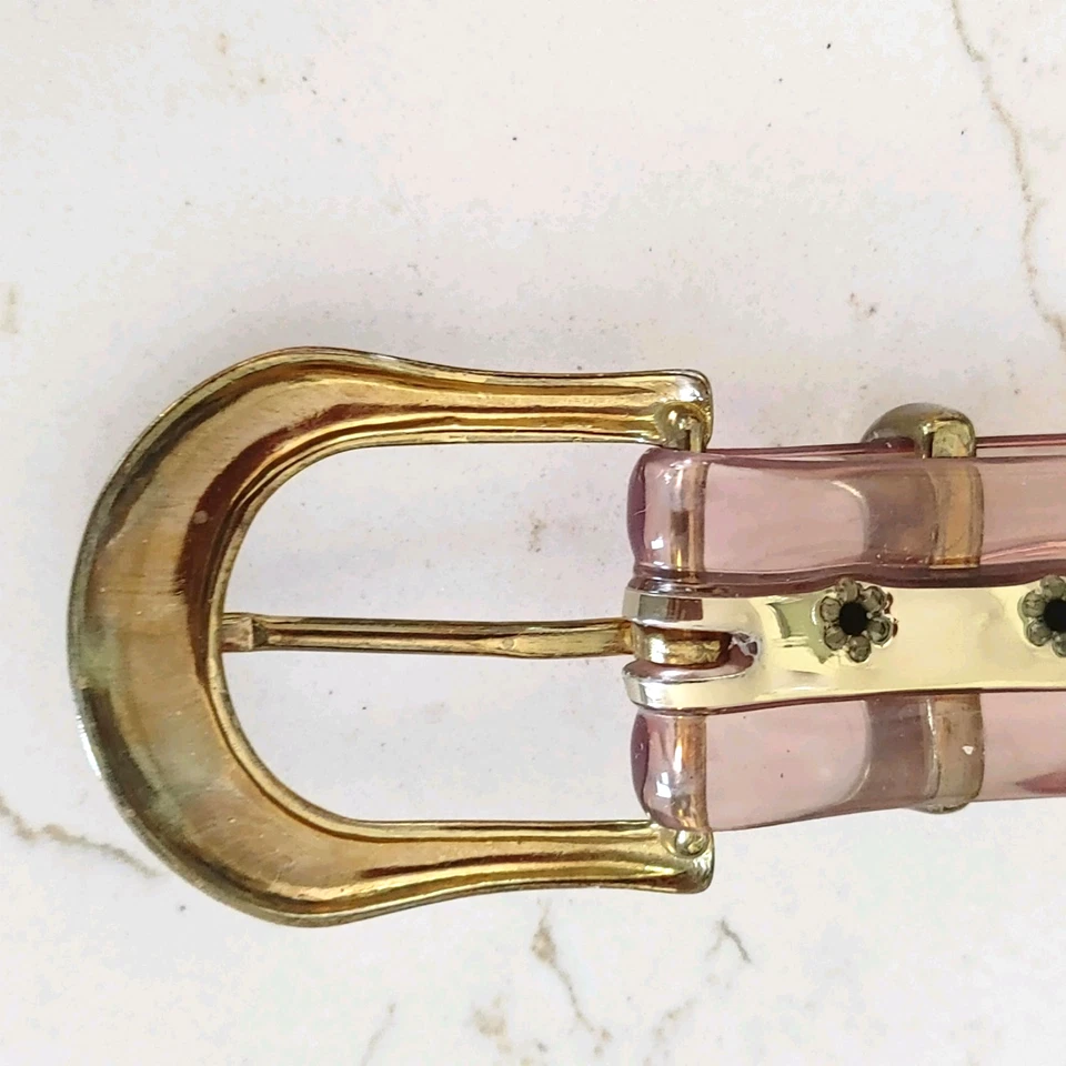 复古 Lucite 皮带透明果冻 37 英寸粉红色色调带金色条纹 Groovy MCM 黄铜 — 第 4/4 张图片