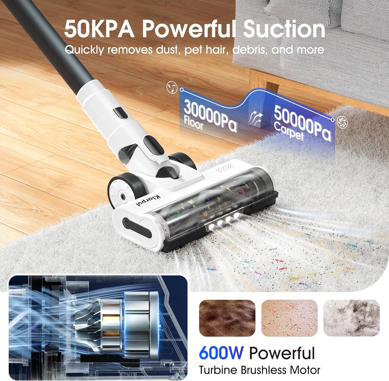 600W Cordless Vacuum Cleaner, 50Kpa Suction Power