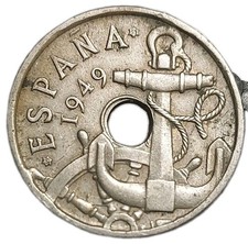 1949-1962 SPAIN 50 CENTIMOS COIN 1953 DATE ON STARS KM 777 ANCHOR
