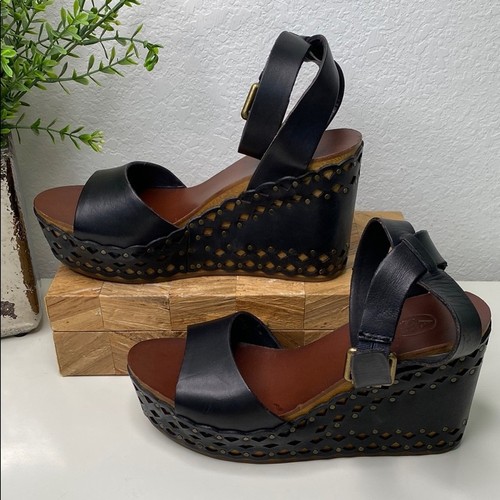 ASH Vanina Wedge Sandals Black Laser Cut Leather Ankle Strap Wood Platform 7.5 - Picture 4 of 12