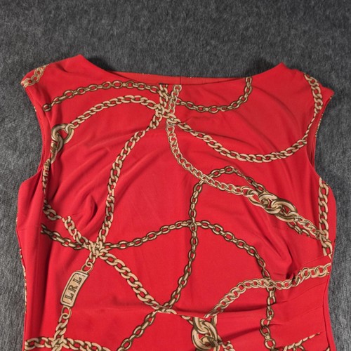 Lauren Ralph Lauren Dress Womens 6 Red Chain Print Ruched Sleeveless Sheath - Foto 3 di 10