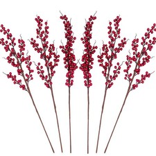 6 Pack Red Artificial Long Stems Fake 25.2" Christmas Picks Faux Holly Berrie...