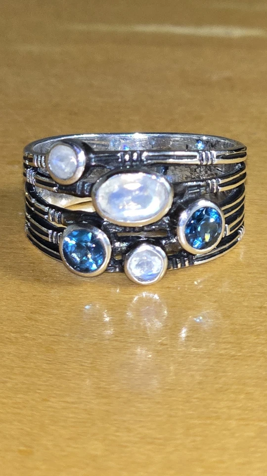 Anillo de plata esterlina piedra lunar y topecio azul Londres diseño de múltiples bandas talla 8 Foto 3 de 4