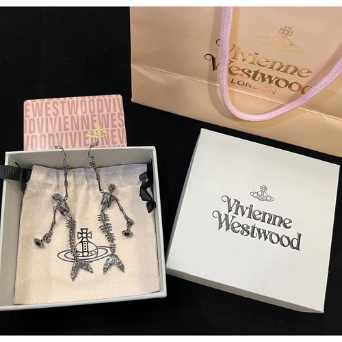 Vivienne Westwood Nana skeleton mermaid bone orb Long earrings Gunmetal in box - Picture 2 of 8
