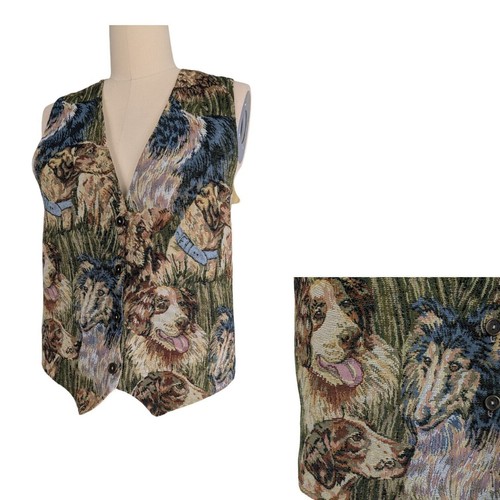 Vintage Tapestry Dog Vets Womens M L 90s Kitch Animal Veternarian Puppy Multi - Picture 1 of 11