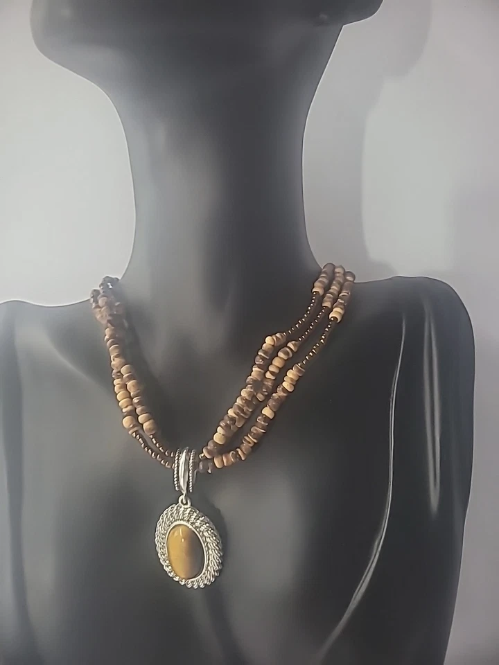 Collar Avon Vintage Madera Cuentas Multi Hilo Ojo de Tigre Colgante Joyería Foto 3 de 4