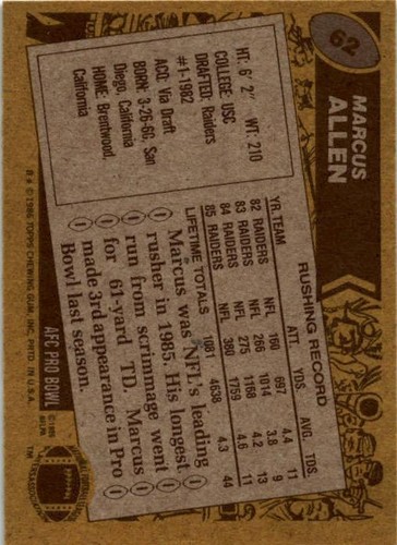 1986 Topps #62 Marcus Allen ottimo!! - Foto 2 di 2