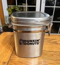 NICE DUNKIN DONUTS COFFEE CANISTER WITH 2 TBSP SCOOP STAINLESS STEEL