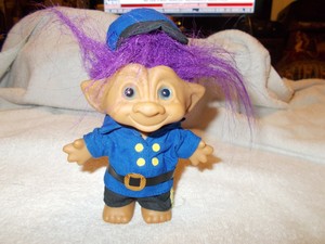 Troll Doll Purple Hair Blue Eyes Blue Military Uniform Open Arms