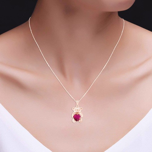 Simulated Diamond Ruby Love Heart Teddy Bear Pendant Necklace 14k  Gold Plated - Picture 5 of 5