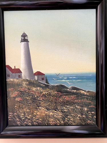 Lighthouse Oil Painting Sea Lake Beach Rocky Coast Artist Signed Framed Original - Picture 9 of 10