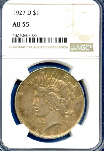 1927 D NGC AU55 Peace Silver Dollar $1 US Mint Rare Date Coin 1927-D AU-55 