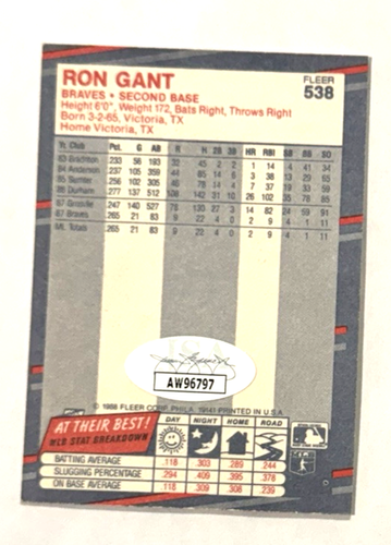 ATLANTA BRAVES RON GANT AUTOGRAPH CARD JSA CERTIFIED ROOKIE CARD 1988 FLEER #538 - Picture 3 of 4