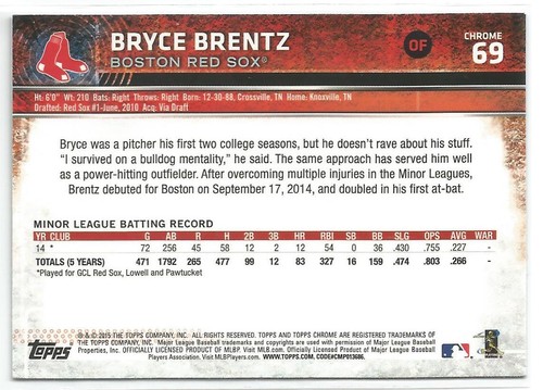 Bryce Brentz Boston Red Sox 2015 Topps Chrome Rookie Card - Picture 2 of 2