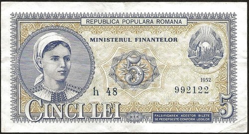 Rumänien - Volksrepublik - 5 Lei Schein 1952 sehr guter Zustand/SUP! P#83