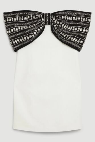 Karen Millen Crystal Embellished Black White Bow Mini Dress 8 Bardot Diamanté S - Picture 3 of 5