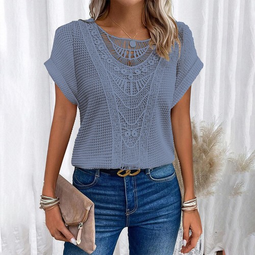 Women Casual Loose Short Sleeve Floral Tops Ladies Hollow Out Blouse T Shirt Tee - Picture 14 of 21
