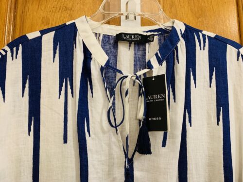 Ralph Lauren tassel tie neck short sleeve linen dress blue white NWT sz 10 $165 - Picture 3 of 10