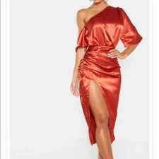 PrettyLittleThing Midi Sheath Dress Womens Size 4 Orange Rust Satin One Shoulder