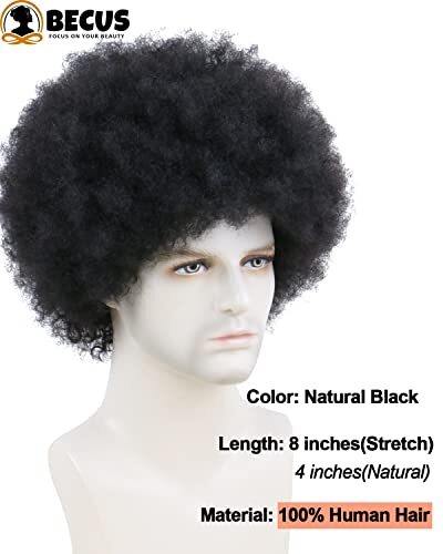 BECUS Afro Wig Men for Black Men Human Hair Afro Black Hair Wig 70s 80s Dis - Picture 2 of 8