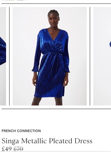 BNWT FRENCH CONNECTION Metallic Blue Fine Pleated Party/Disco Belted Dress UK 10 - Picture 2 of 14