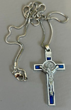St Saint Benedict Crucifix Cross Necklace Silver & Blue Medal Christian Catholic