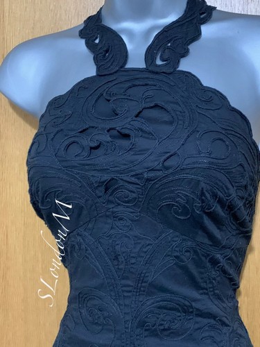 Mini Vestido Corto Karen Millen UK 10 Cuello Halter Bordado Algodón Fiesta Negro - Imagen 7 de 10