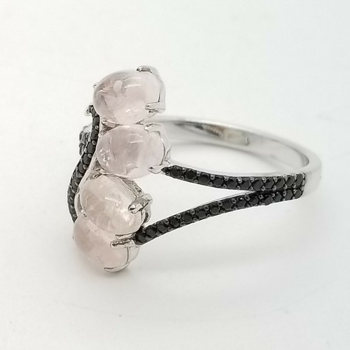 New PJC Sterling Silver 4 Pink Quartz Black Spinel Elongated Wave Ring Size 7 - Picture 5 of 10