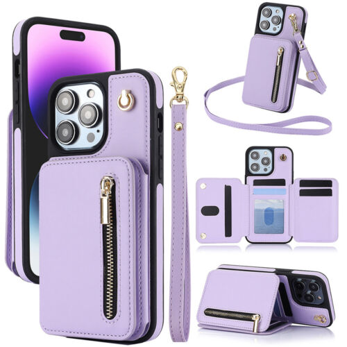 Leather Card Wallet Case Crossbody Wrist Strap For iPhone 16 Plus 16 Pro 15 Pro - Picture 60 of 77