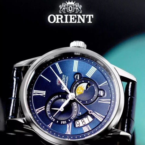 Orient Bambino Sun & Moon Mechanical Blue Dial and Leather Strap Men’s Watch box - Picture 9 of 10