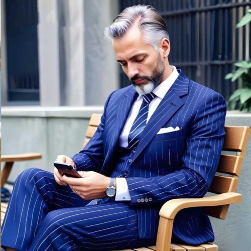 Men's Royal Blue Business Office Striped Suits Single Breasted Jacket Pant 2 Pcs - Picture 3 of 16