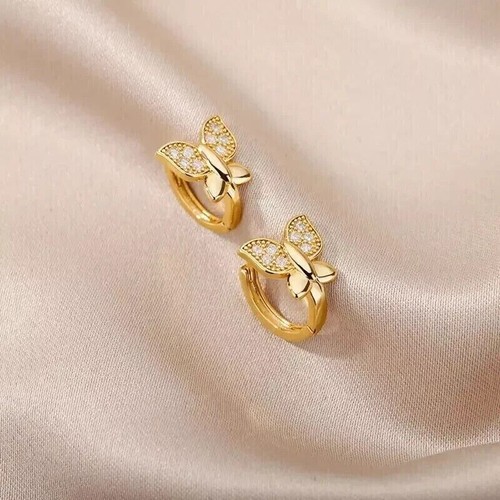 Round Cut Simulated Diamond Butterfly Hoop Earrings In 14k Yellow Gold Plated - Picture 2 of 5