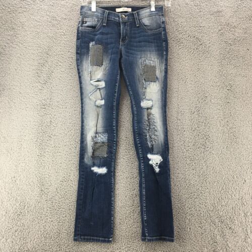 KanCan Low Rise Straight Distressed Patched Jeans Womens 24 Blue Denim Low Rise