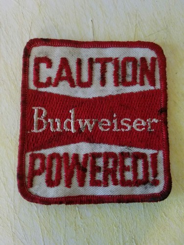Caution Budweiser Powered! Patch Badge Red White Mancave Garage 70's? Beer  - Picture 1 of 2