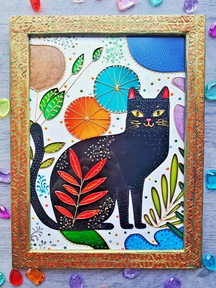 Stained glass painting Black cat Flowers Pet lover gift Unique modern wall decor
