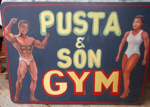 VINTAGE ORIGINAL HAND PAINTED WOODEN ADVERTISING GYM SIGN-FOLK ART- OUTSIDER ART - Picture 1 of 6