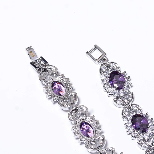 Purple Amethyst & Cubic Zirconia 925 Sterling Silver Tennis Bracelet 7.99" B0709 - Picture 3 of 4