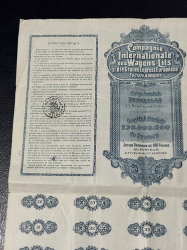 Compagnie Internationale Wagons Antique 100 Franks Bond Stock Share Certificate - Picture 13 of 20