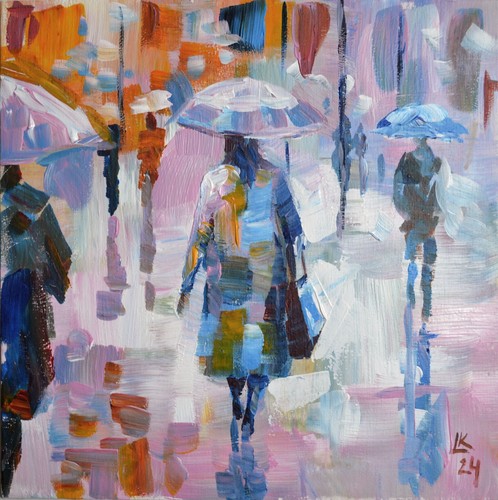 Original City Scene with Umbrellas – 10x10 Acrylic Painting, Signed OOAK