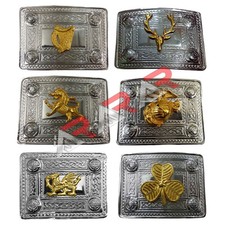 Scottish Kilt Belt Buckle Celtic Design with Different Gold Badges Chrome Finish