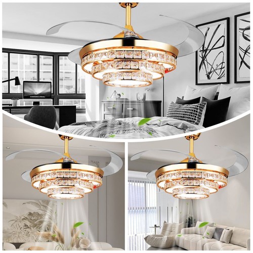 Crystal LED Chandelier Modern Invisible Ceiling Fan Light Ceiling Lamp w/ Remote - Picture 6 of 7