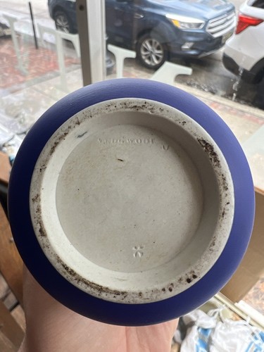 Antigua jarra etrusca de porcelana de peltre de madera de cuña azul jaspe crema Inglaterra - Imagen 8 de 11