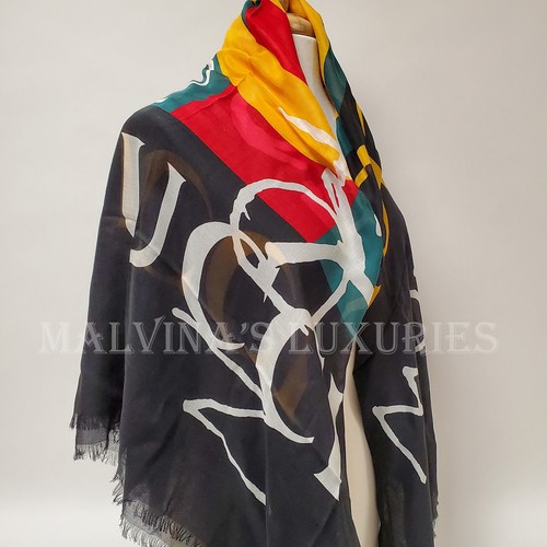 GUCCI SCARF COCO CAPITAN TOMORROW GG LOGO BLACK MODAL SILK SHAWL SQUARE 55" - Picture 7 of 20