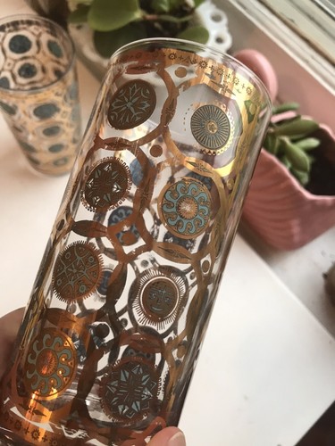 Vintage Set of 2 Midcentury Culver Aztec Tumblers - 22ct Gold, Aqua Turquoise - Picture 5 of 5