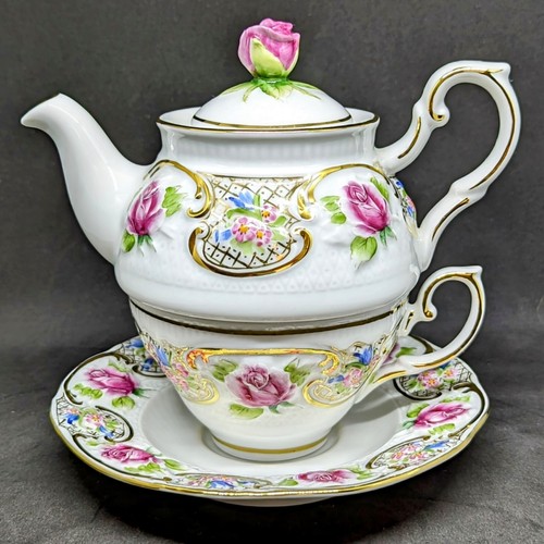 Tea For One Teekanne Teetasse Porzellan von Heirloom Lace Ltd. Rumänien Künstler signiert