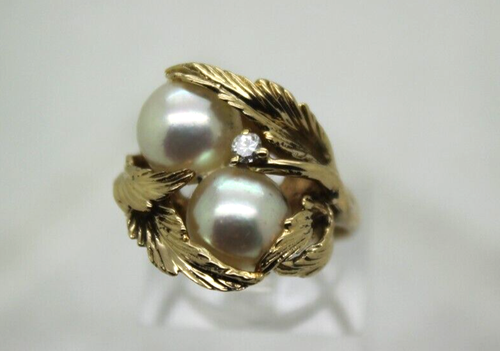 Signed 14k Yellow Gold FANCY PEARL & DIAMOND LEAF DESIGN CLUSTER RING Size 8 - Picture 2 of 16